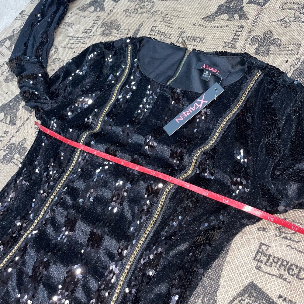 Xtaren NWT! Black Velvet Sequin Striped Chain Long Sleeve Stretchy Mini Dress - Picture 12 of 14